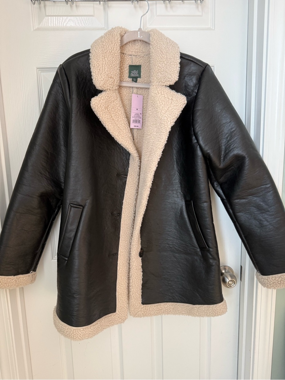 wild fable Black Faux Leather Teddy Jacket with Cream Sherpa Trim